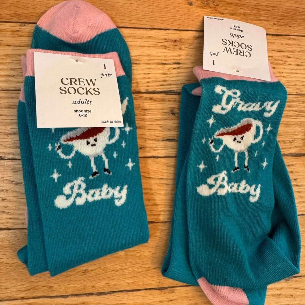 6 Pack Gravy Baby Crew Socks Teal Pink Food Pun Novelty Adult Shoe Size 6-12 NEW
